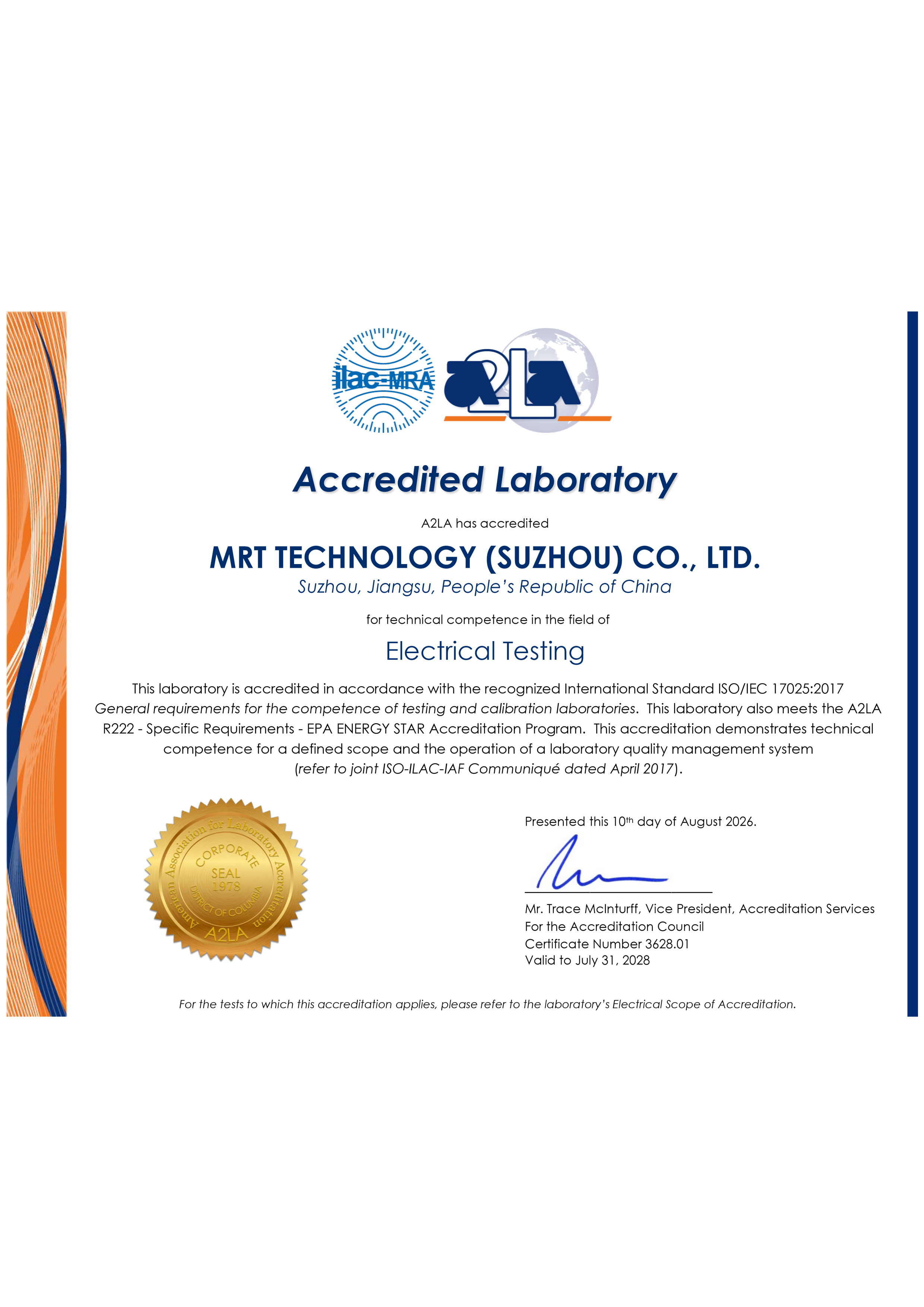 A2LA Certificate